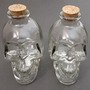 2x Skull Glass Jar w/ Cork Apothecary Decanter Liquid Potion Spice Stash Alchemy